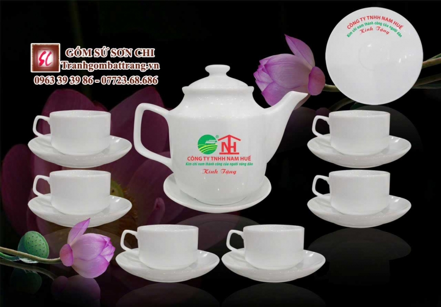Bộ ấm chén Bát Tràng màu trắng sứ - mẫu 46