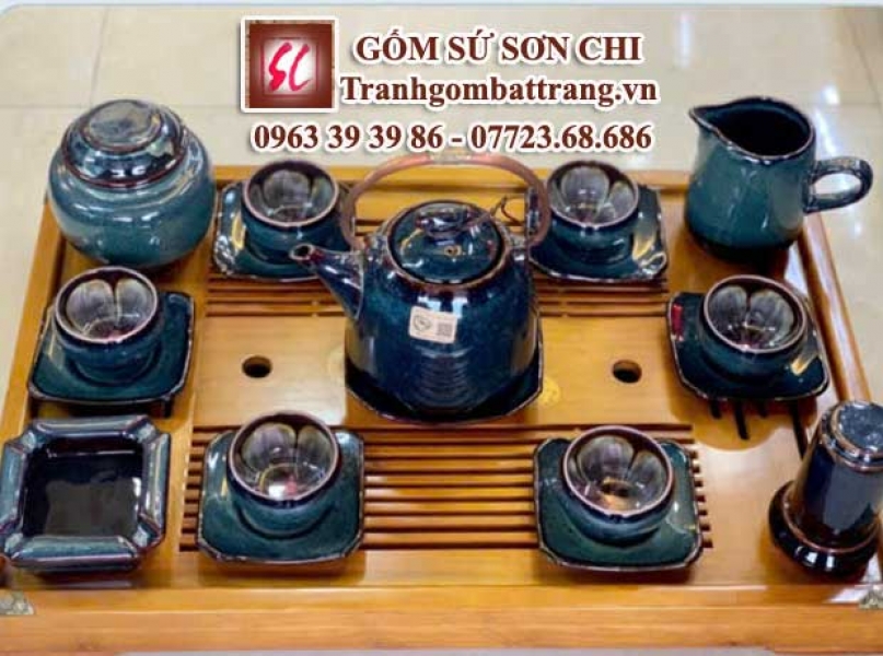 Bộ ấm chén Bát Tràng màu xanh ngọc - mẫu 6