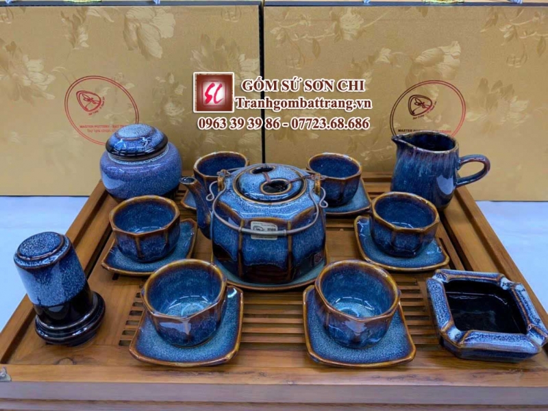 Bộ ấm chén Bát Tràng màu xanh ngọc - mẫu 9