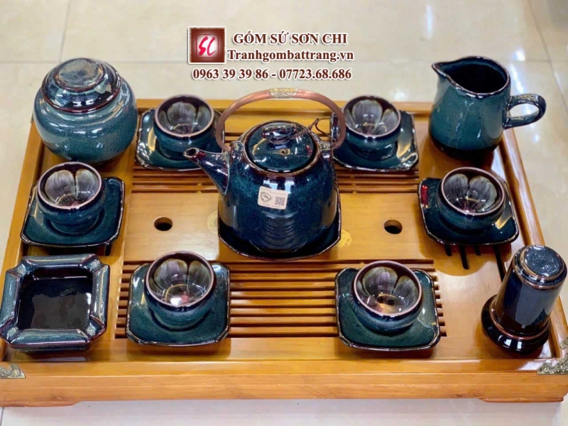 Bộ ấm chén Bát Tràng màu xanh ngọc - mẫu 17