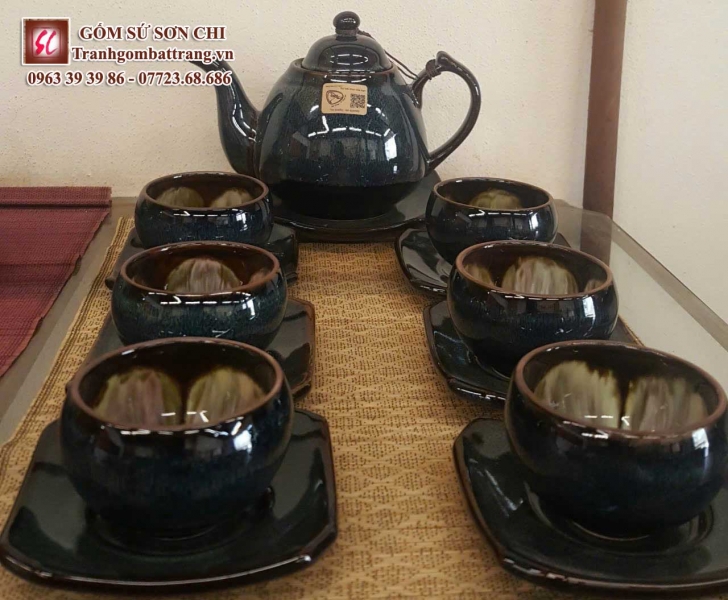 Bộ ấm chén Bát Tràng màu xanh ngọc - mẫu 24
