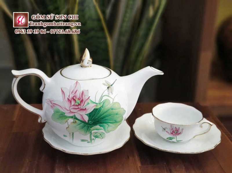 Bộ ấm chén in tranh họa tiết dát vàng - mẫu 01