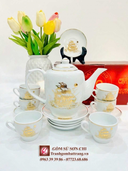 Bộ ấm chén in tranh họa tiết dát vàng - mẫu 02