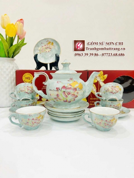 Bộ ấm chén in tranh họa tiết dát vàng - mẫu 03