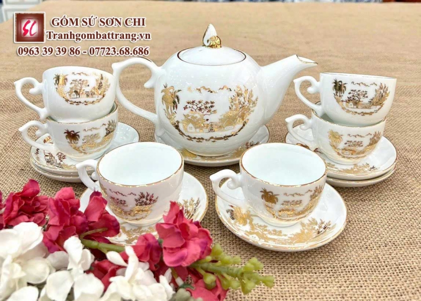 Bộ ấm chén in tranh họa tiết dát vàng - mẫu 04