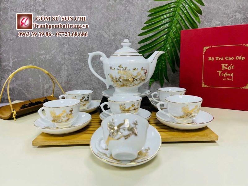 Bộ ấm chén in tranh họa tiết dát vàng - mẫu 05