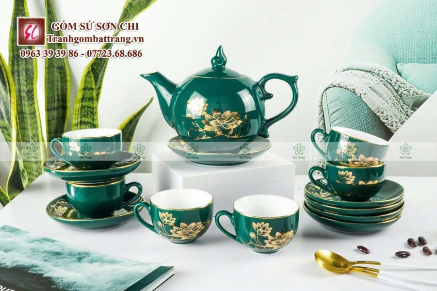 Bộ ấm chén in tranh họa tiết dát vàng - mẫu 13